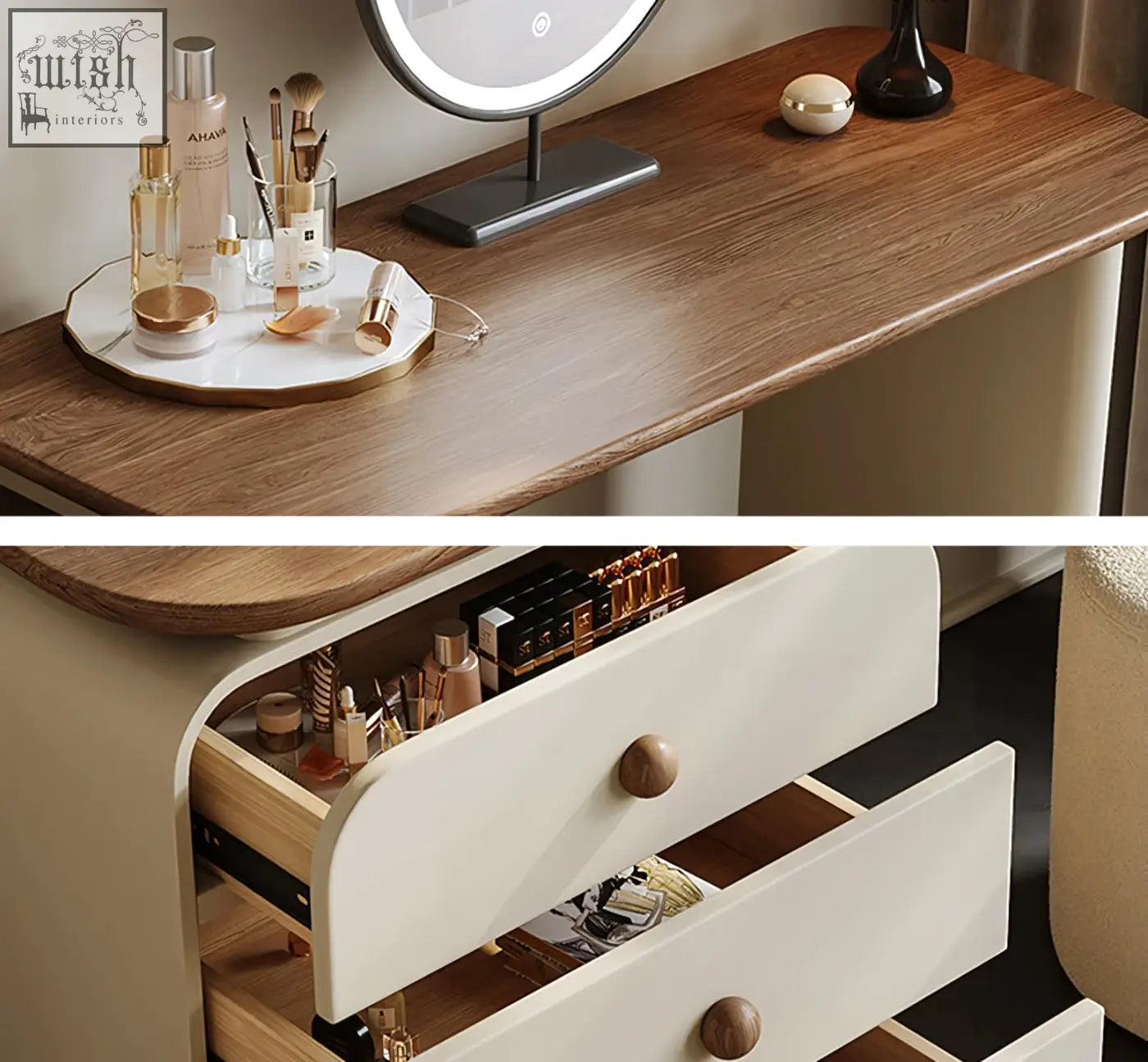 Modern wooden dressing table with white drawers and round wood knobs blending natural grain and minimalist style