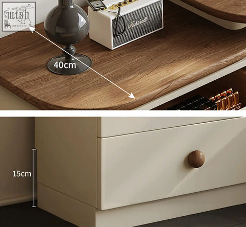 Sleek wooden dressing table side table 40cm wide with cream drawer and round wood knob from campbell set