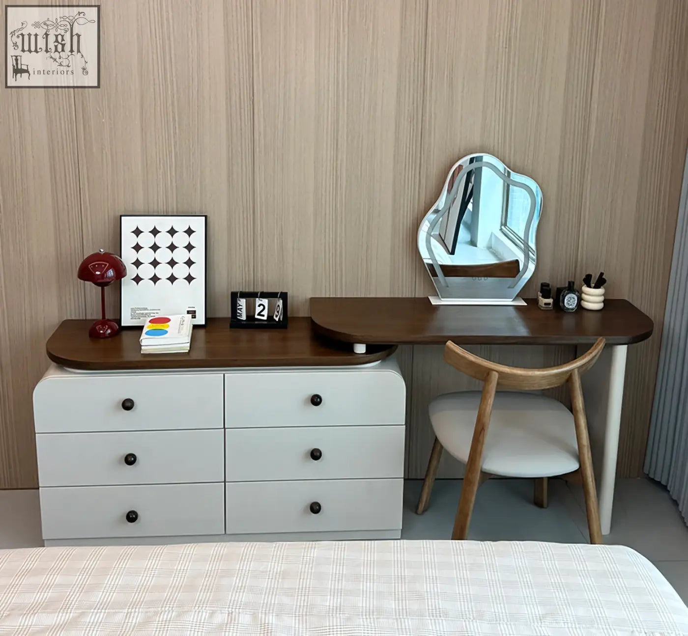 White wooden dressing table with six drawers black round knobs and dark wood top from campbell collection