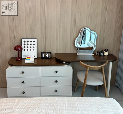 White wooden dressing table with six drawers black round knobs and dark wood top from campbell collection