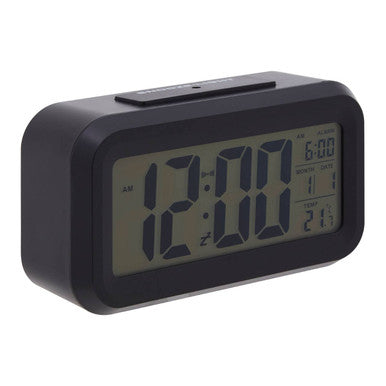 Camran black lcd digital clock showing time and temperature with a clear rectangular display digital clock design