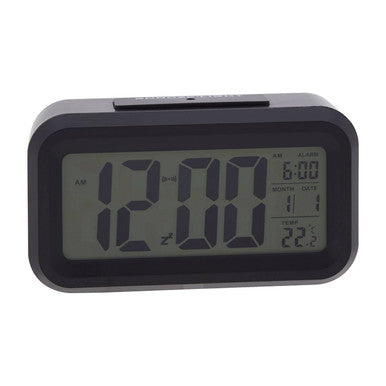 Camran black lcd digital clock with rectangular display showing time date and temperature on a digital clock