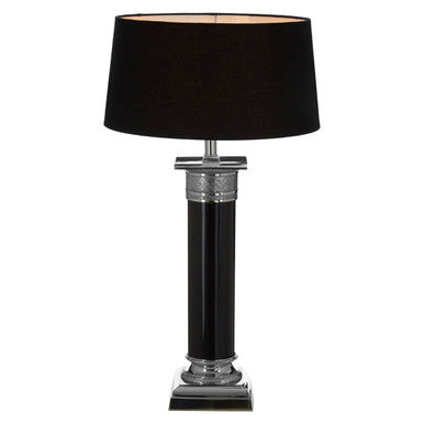 Camron black and silver table lamp with black drum lampshade and sleek silver table lamp columnar base design