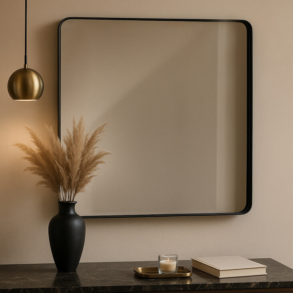 Black square wall mirror with a sleek matt black square frame and minimalist design from candi matt black series