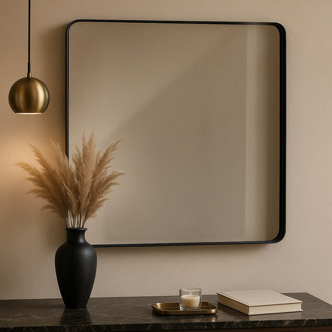 Black square wall mirror with a sleek matt black square frame and minimalist design from candi matt black series