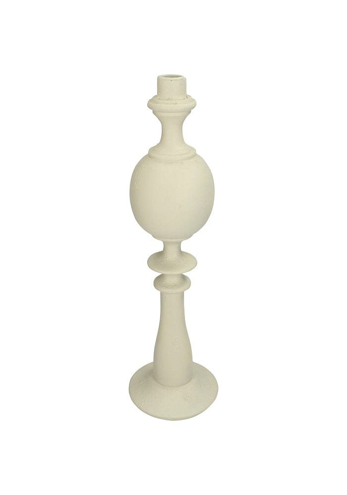 Cream-colored ceramic candlestick ivory lamp base with classic ornate rounded bulbous sections and fluted detailing