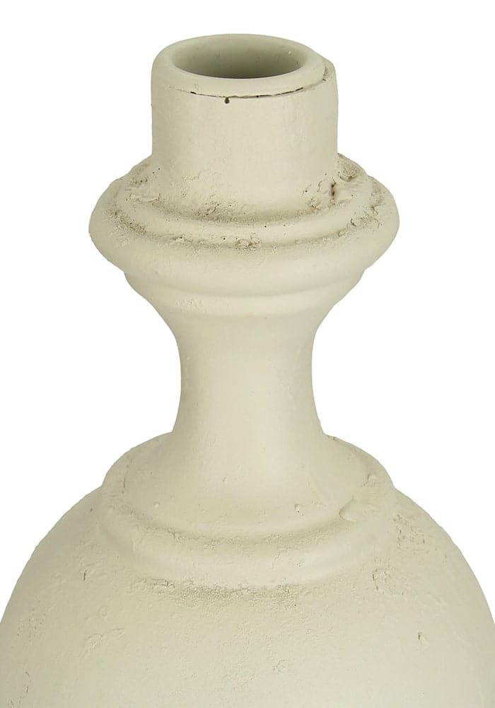 Off-white ceramic candlestick ivory with distressed rustic finish and classic ornate detailing on lamp base