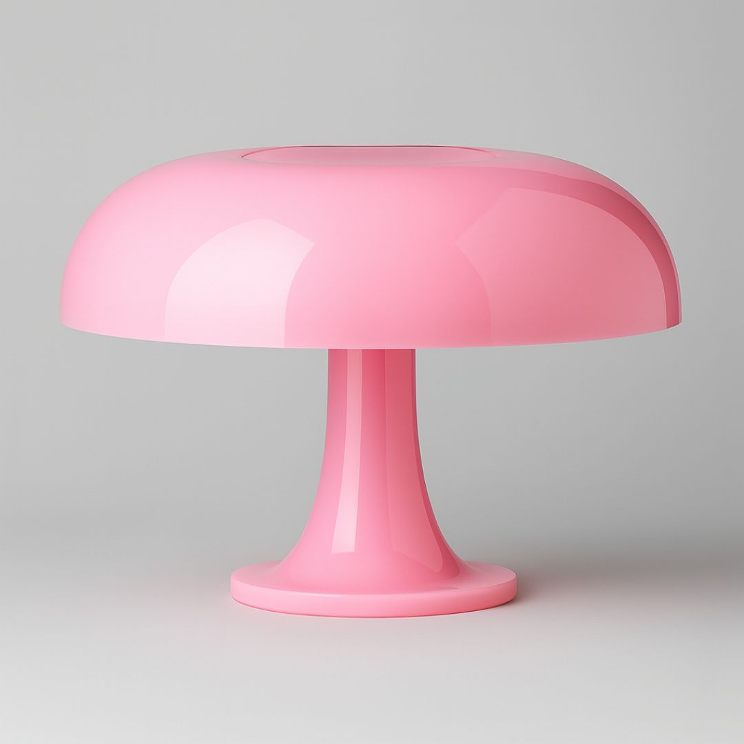 A sleek glossy pink mushroom-shaped ambient table lamp with smooth curved design perfect for cozy lighting