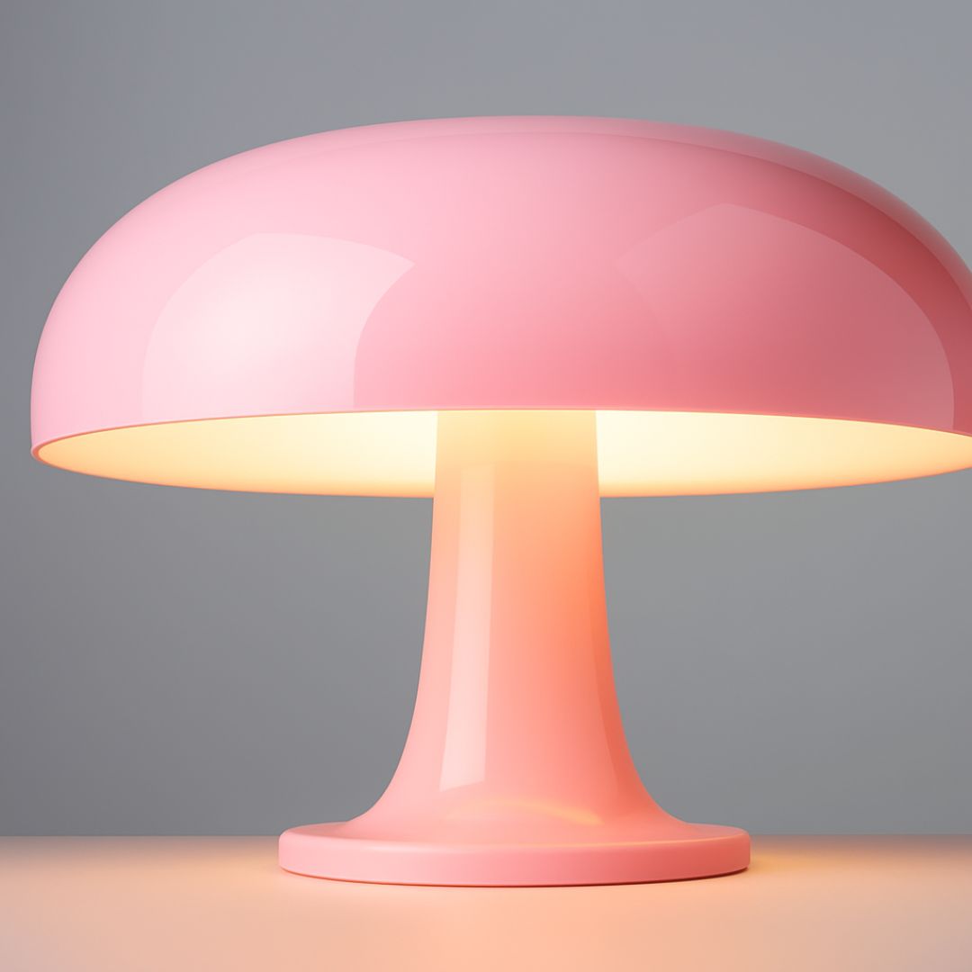 A sleek glossy pink mushroom-shaped ambient table lamp with a smooth dome and slender stem for cozy lighting