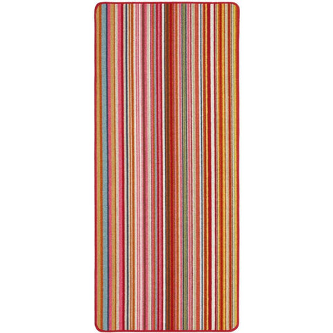 A candy washable runner rug with vertical warm red orange pink and beige stripes and a solid reddish brown border