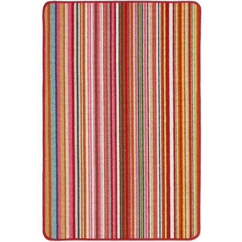 Candy washable runner rug with vertical stripes in red pink orange yellow green and blue and a solid red border