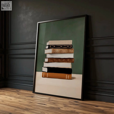 A framed piece wall art showing a stack of brown beige and black books on a muted green background for boho decor