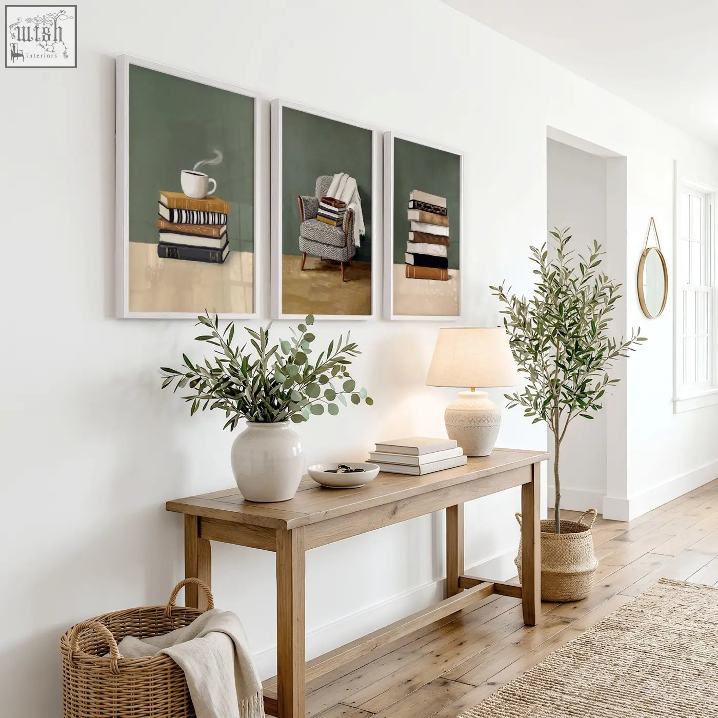 A rustic wooden console table with natural finish displayed beneath canvas 3 piece wall art in green tones