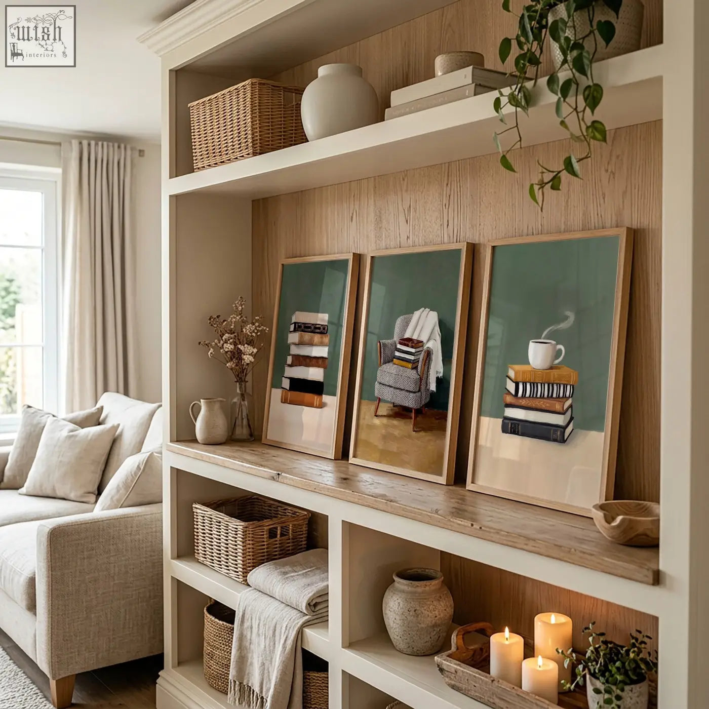 Three piece wall art set with minimalist bohemian book and chair illustrations on muted green canvas in wooden frames