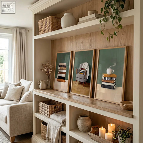 Three piece wall art set with minimalist bohemian book and chair illustrations on muted green canvas in wooden frames
