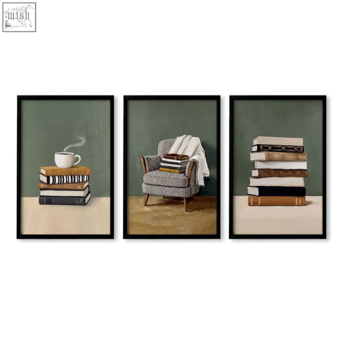 Set of three piece wall art featuring cozy green toned bohemian book scenes with armchair stacked books and coffee