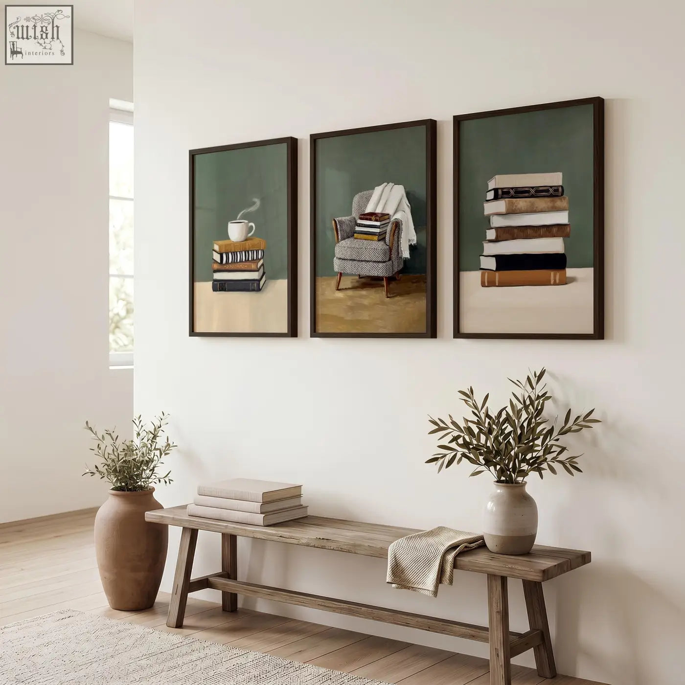 Three piece wall art set with dark wooden frames featuring book-themed scenes on muted green backgrounds