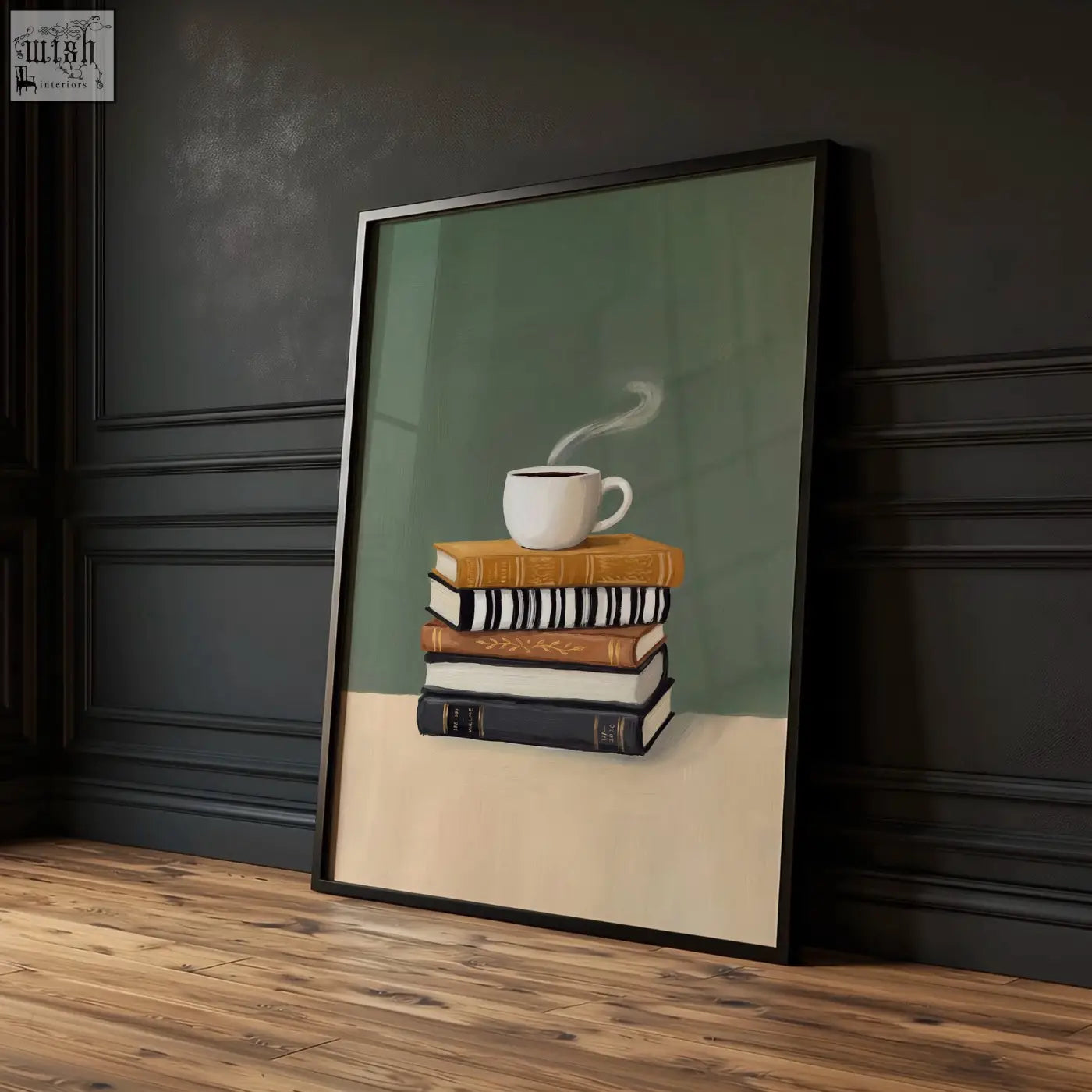 A framed piece wall art showing a white ceramic coffee cup with steam on colorful books for bohemian wall decor