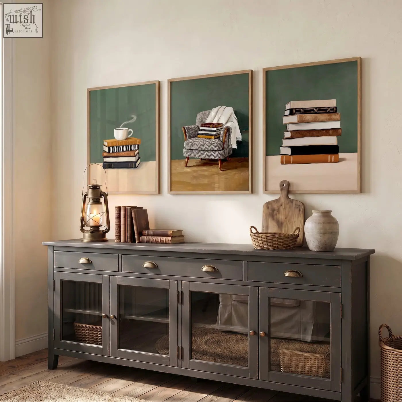 Dark gray wooden sideboard with glass paneled doors and brass handles shown alongside canvas 3 piece wall art in green tones