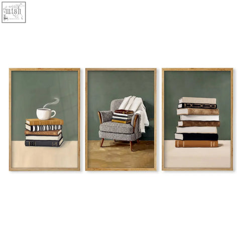 Set of three piece wall art with cozy book scenes, muted green backgrounds, and light wood frames for boho decor