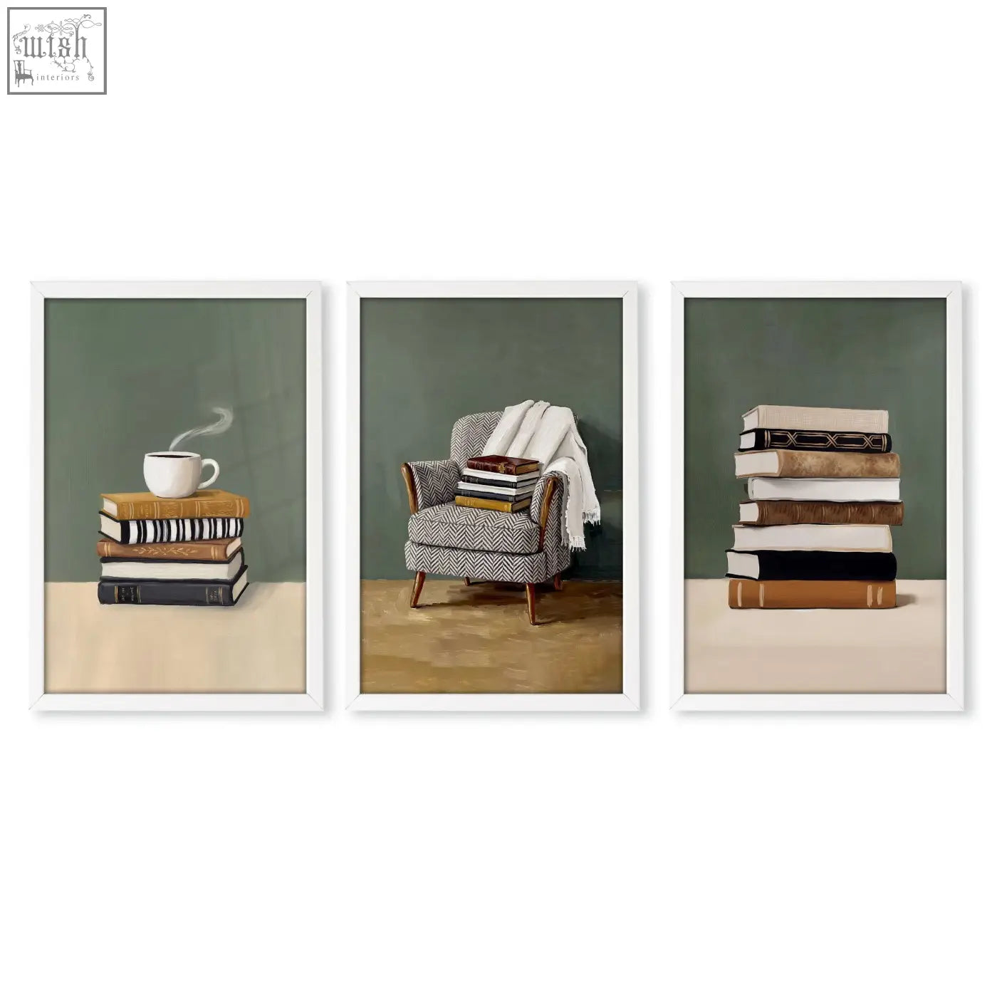 Set of 3 piece wall art featuring cozy bohemian book scenes with green tones stacked books coffee cup and armchair