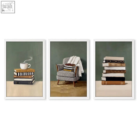 Set of 3 piece wall art featuring cozy bohemian book scenes with green tones stacked books coffee cup and armchair