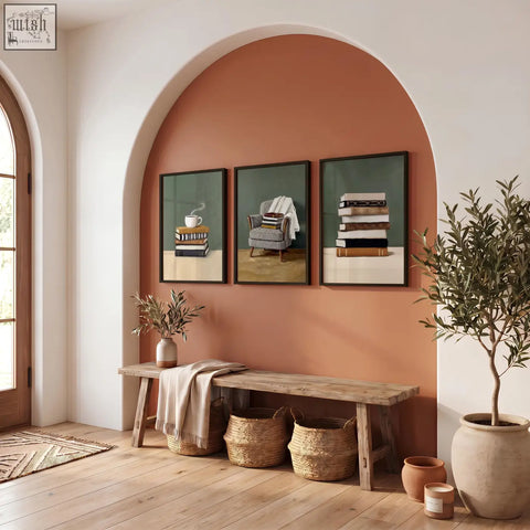 Three piece wall art set featuring minimalist bohemian books and reading chair designs on green canvas tones above bench