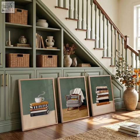 Three piece wall art with cozy book scenes in muted green tones and light wood frames leaning on green cabinet