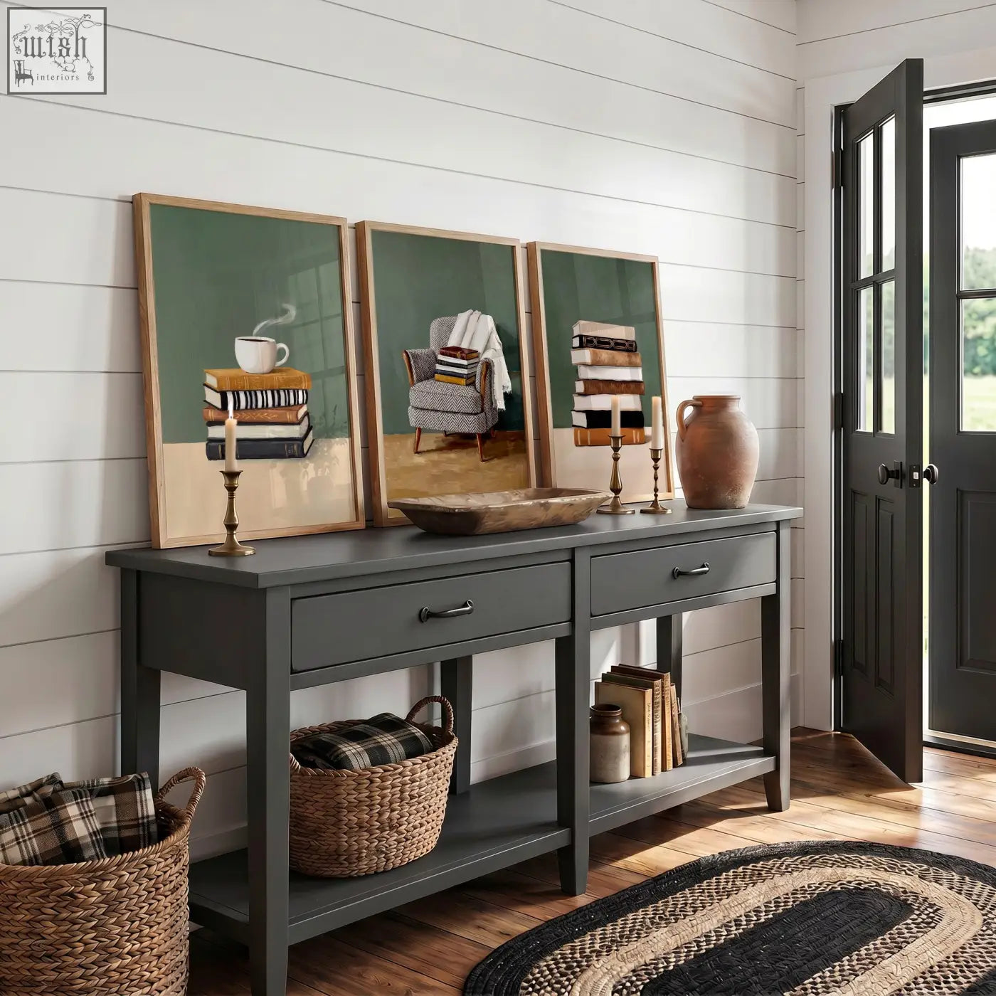 Dark gray console table with two drawers rustic design and black metal handles below canvas 3 piece wall art set