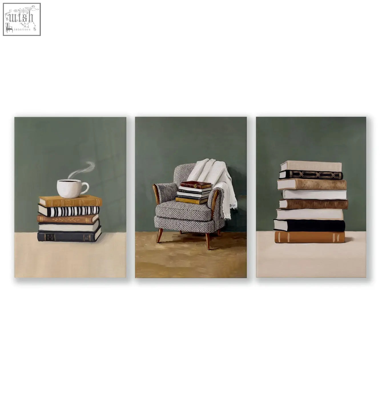 Set of 3 piece wall art featuring cozy bohemian book scenes with green tones stacked books coffee and reading chair