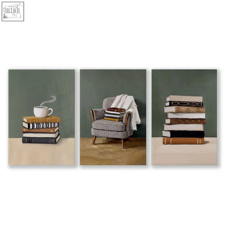 Set of 3 piece wall art featuring cozy bohemian book scenes with green tones stacked books coffee and reading chair