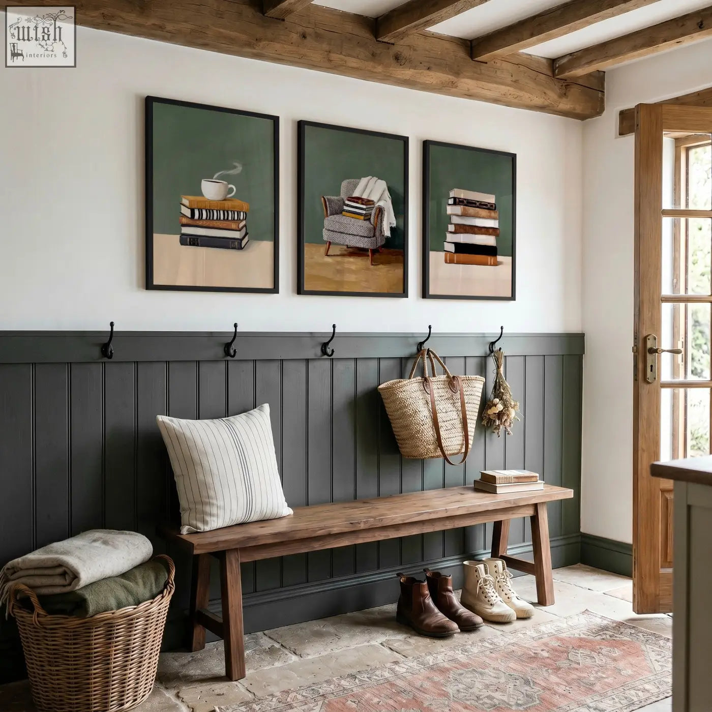 Rustic wooden bench with striped pillow and woven basket featured in green tones canvas 3 piece wall art set