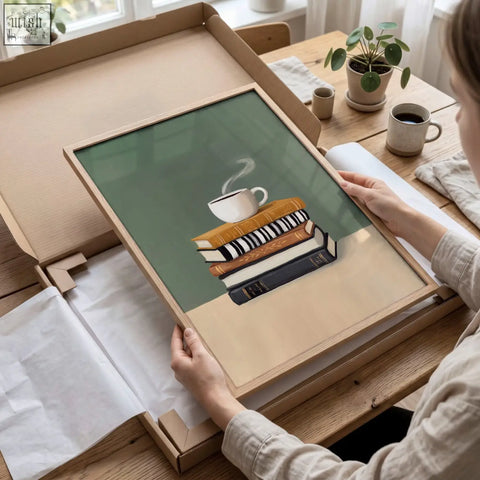 A framed piece wall art showing a white coffee cup steaming on stacked books in warm tones with a green background