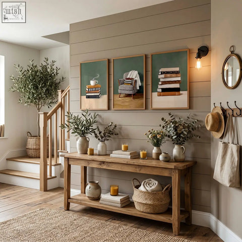 Rustic wooden console table with natural finish and shelves styled with ceramic vases and woven baskets beside bohemian piece wall art set in green tones