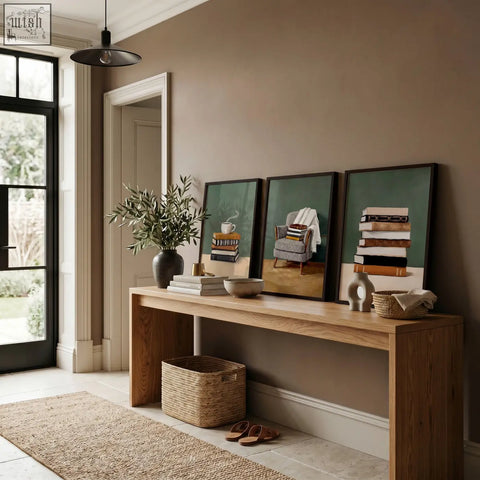 Minimalist wooden console table with natural finish and open storage beneath paired with bohemian piece wall art in green tones