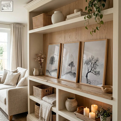 Three framed black and white canvas art landscape prints of scandi nordic trees with moon in light wood frames on rustic shelf