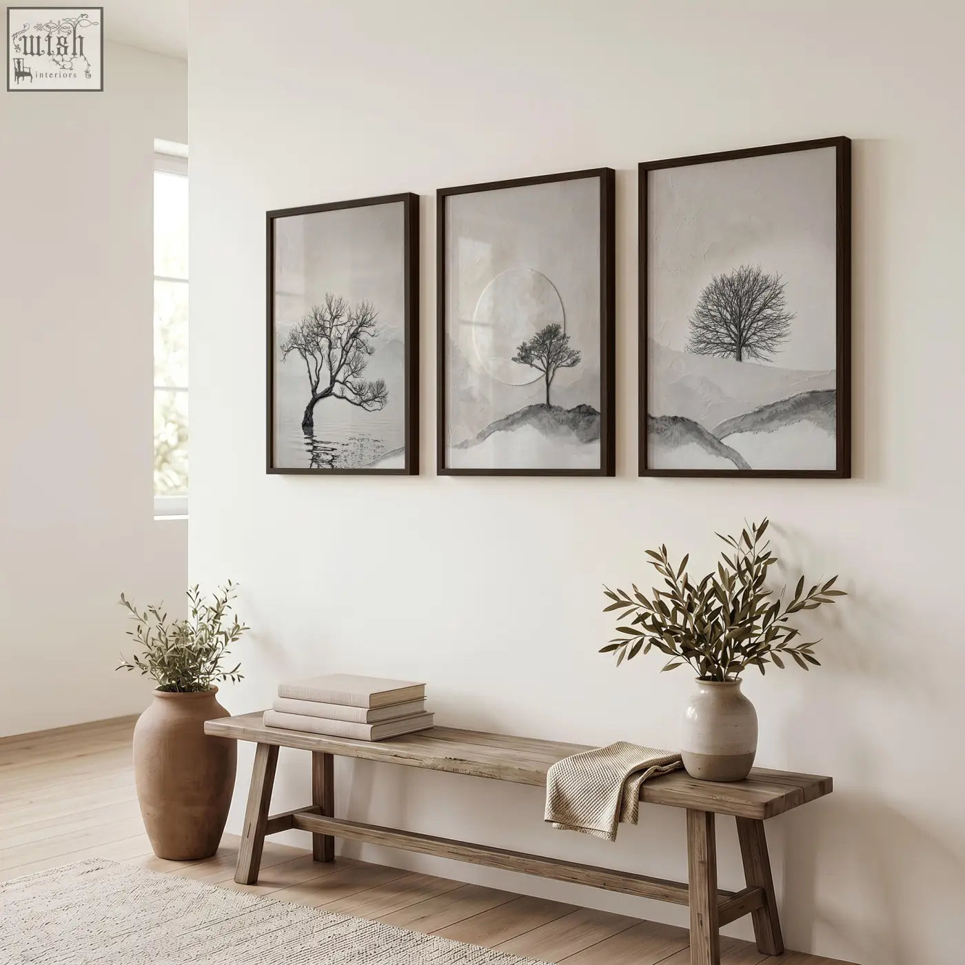 Three black and white minimalist canvas art landscape prints of trees and moon in dark wooden frames for wall decor