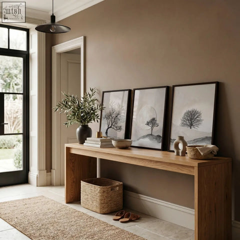 A minimalist wooden console table with natural finish and clean lines below canvas art landscape scandi nordic trees prints set of 3