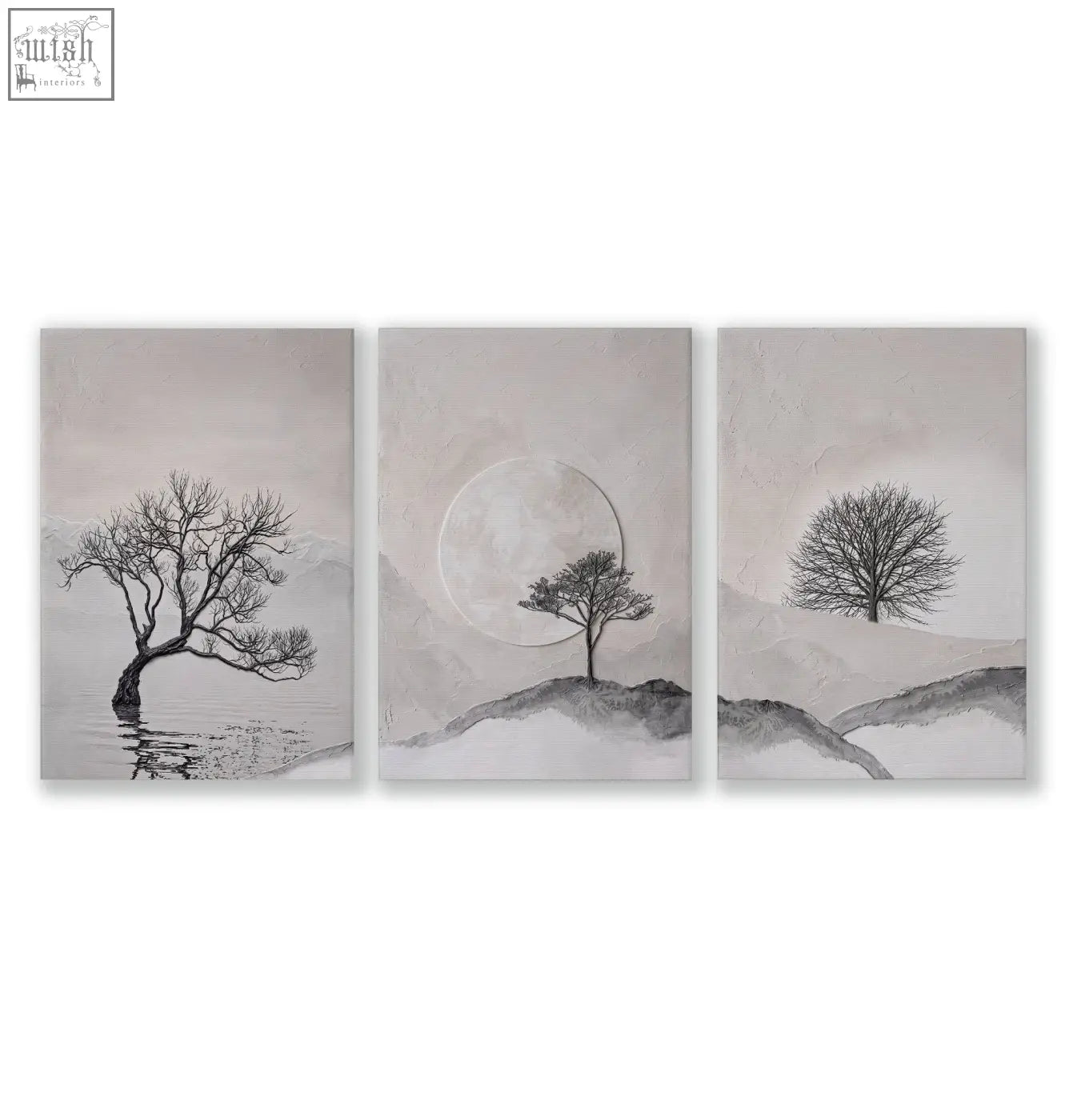 Set of three canvas art landscape prints featuring minimalist scandi trees on textured gray and beige backgrounds