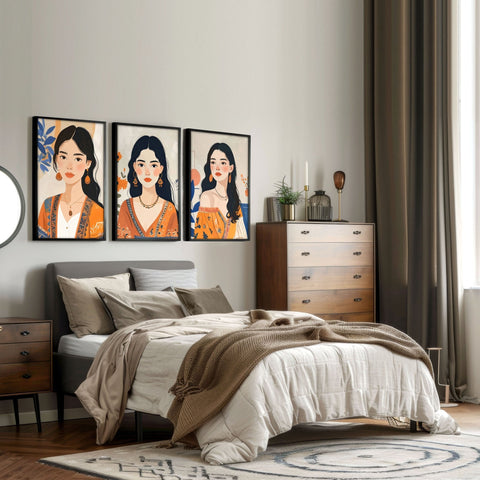 Canvas Bedroom Art | Set of 3 Boho Women Wall art Prints