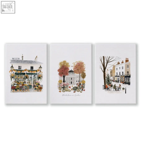 Set of three soft watercolor london travel wall art prints featuring covent garden wintertime scenes for hallway decor