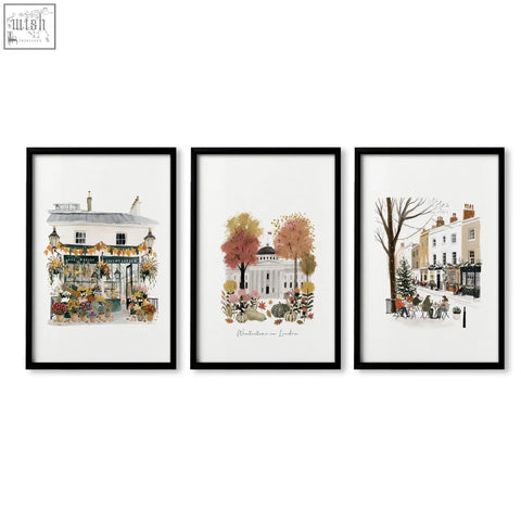 Set of three black-framed london travel wall art prints featuring covent garden wintertime scenes for hallway decor