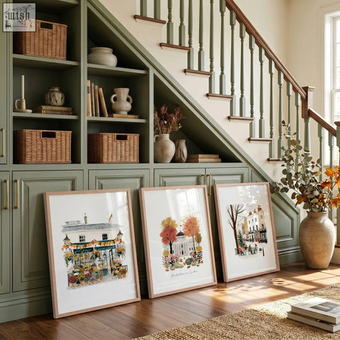 Three framed london travel wall art prints featuring covent garden street scenes with pastel autumn and winter foliage