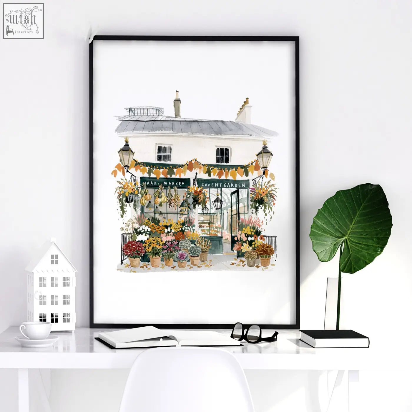 Black-framed watercolor canvas print of covent garden flower market with vibrant blooms for london travel wall art