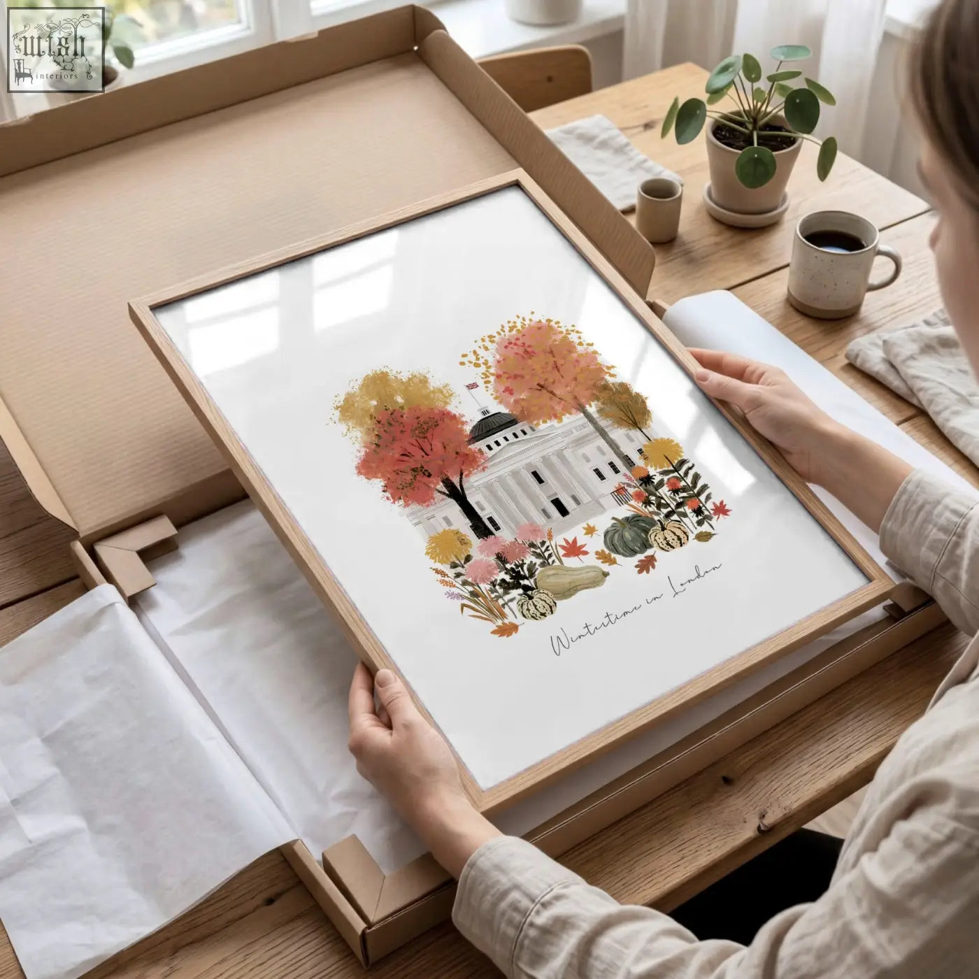 A framed watercolor canvas print of the white house with autumn trees and pumpkins for covent garden travel wall art