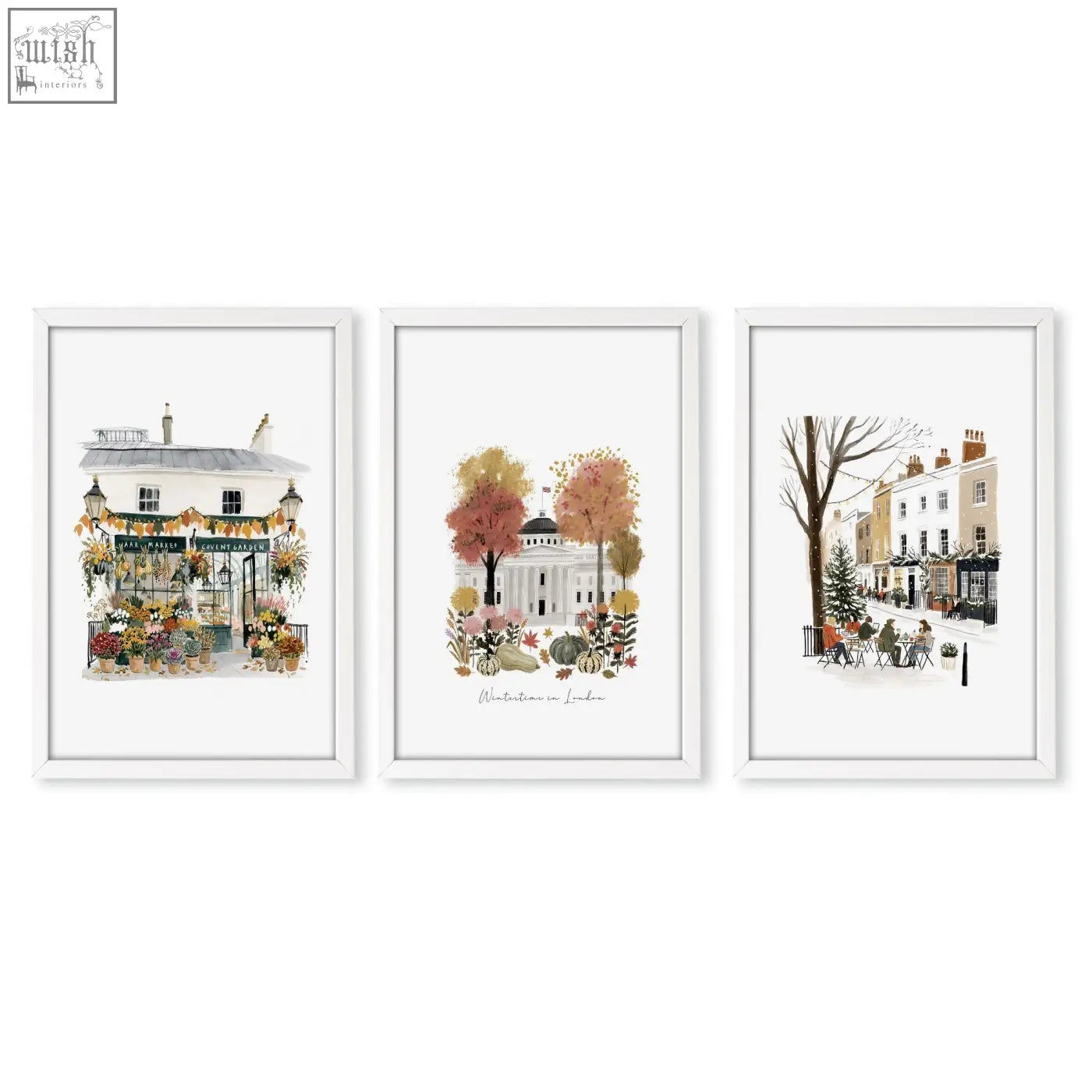 Set of three white-framed watercolor canvas prints showing charming covent garden london travel street scenes wintertime wall art