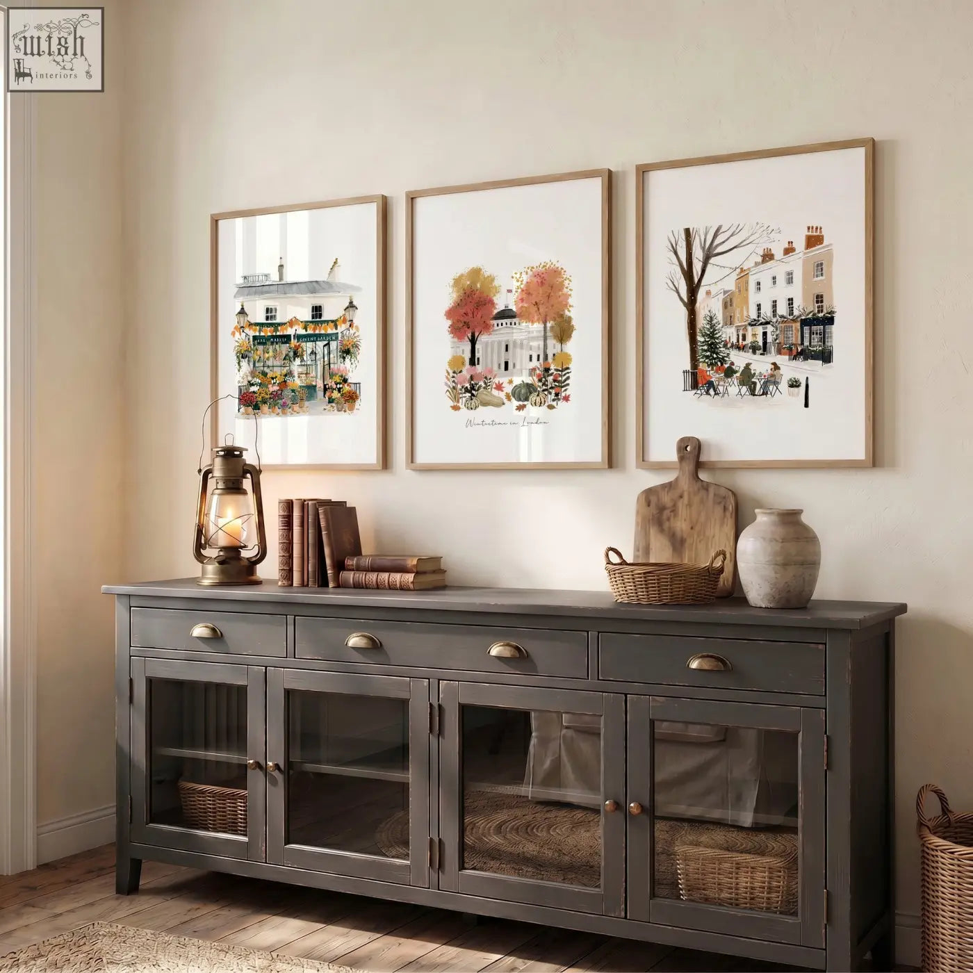 Dark gray wooden sideboard with glass paneled doors and brass handles perfect for displaying london travel wall art prints