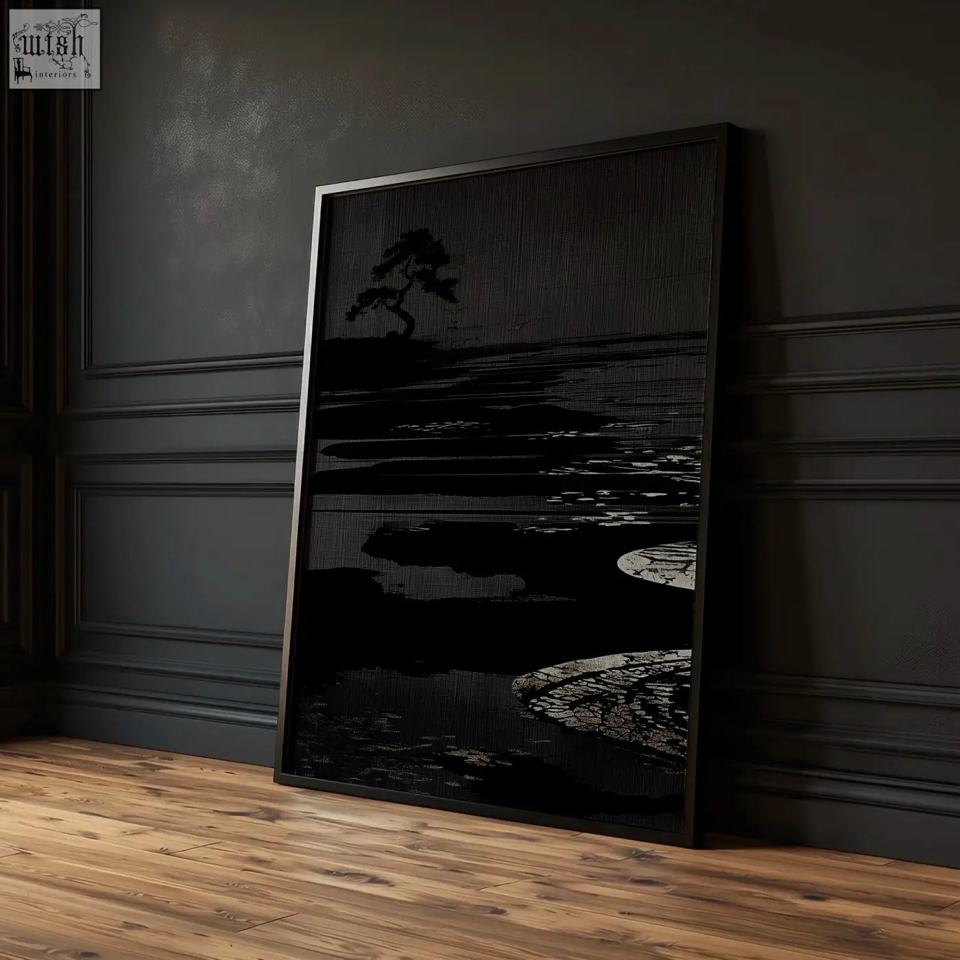 Black-framed minimalist canvas picture of a solitary tree with deep charcoal tones for living room decor