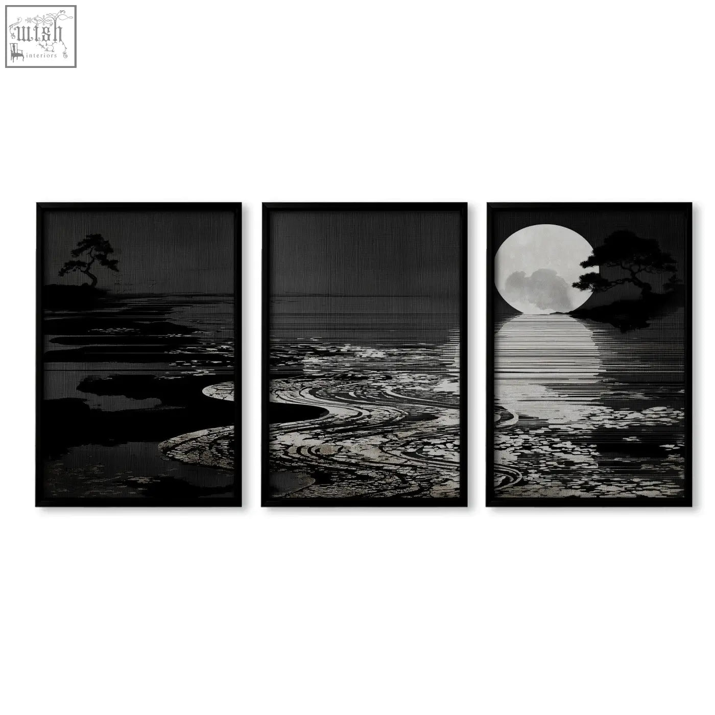 Set of three black-framed minimalist canvas pictures with deep charcoal moon landscape for living room decor
