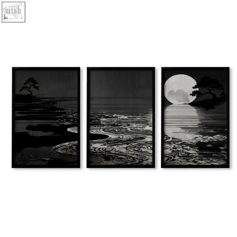 Set of three black-framed minimalist canvas pictures with deep charcoal moon landscape for living room decor